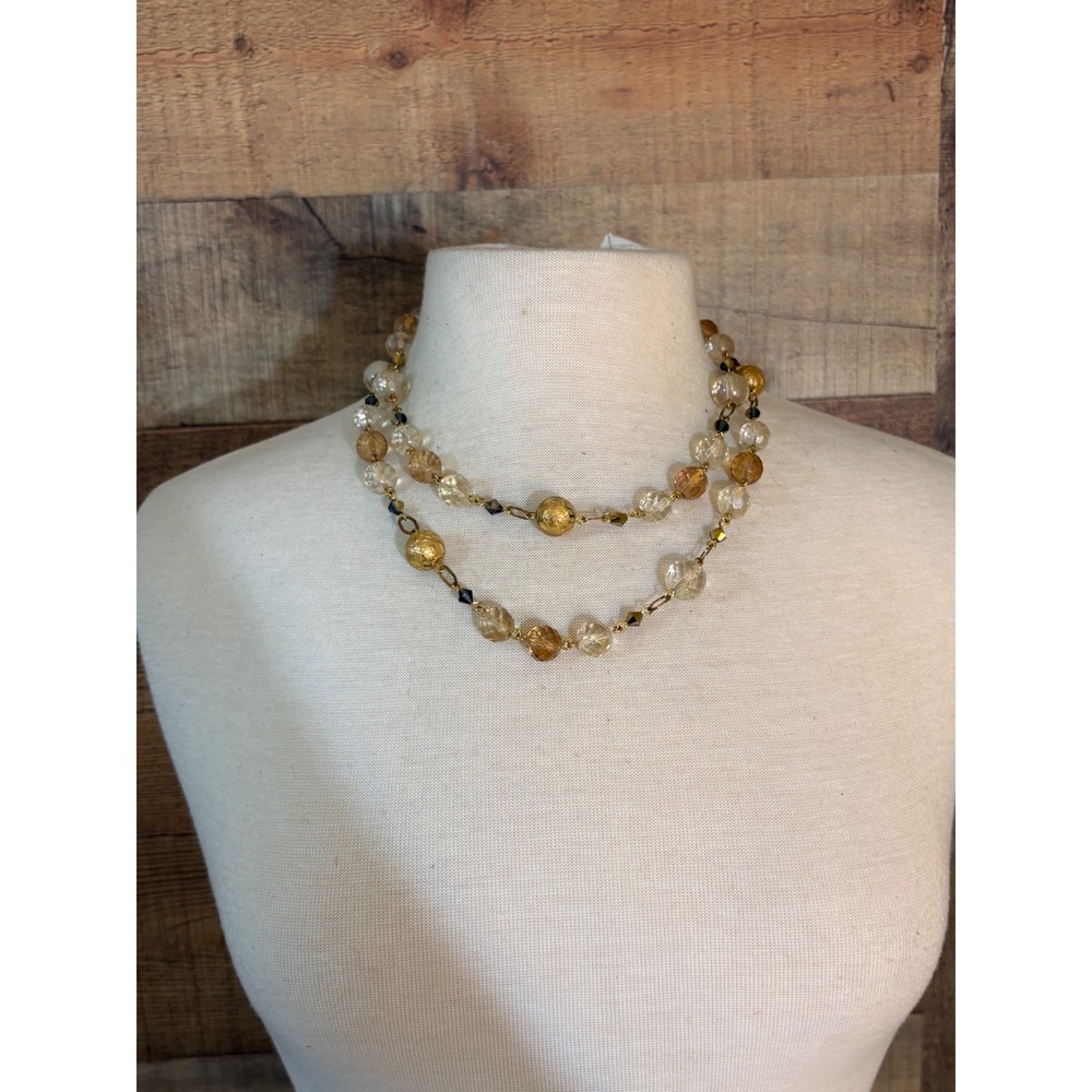 Gold Honey Faceted Glass Multi Strand Beaded Necklace Lobster Clasp 20 Inch